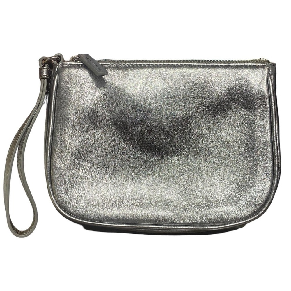TALBOTS metallic silver genuine leather wristlet with zipper and inside pockets